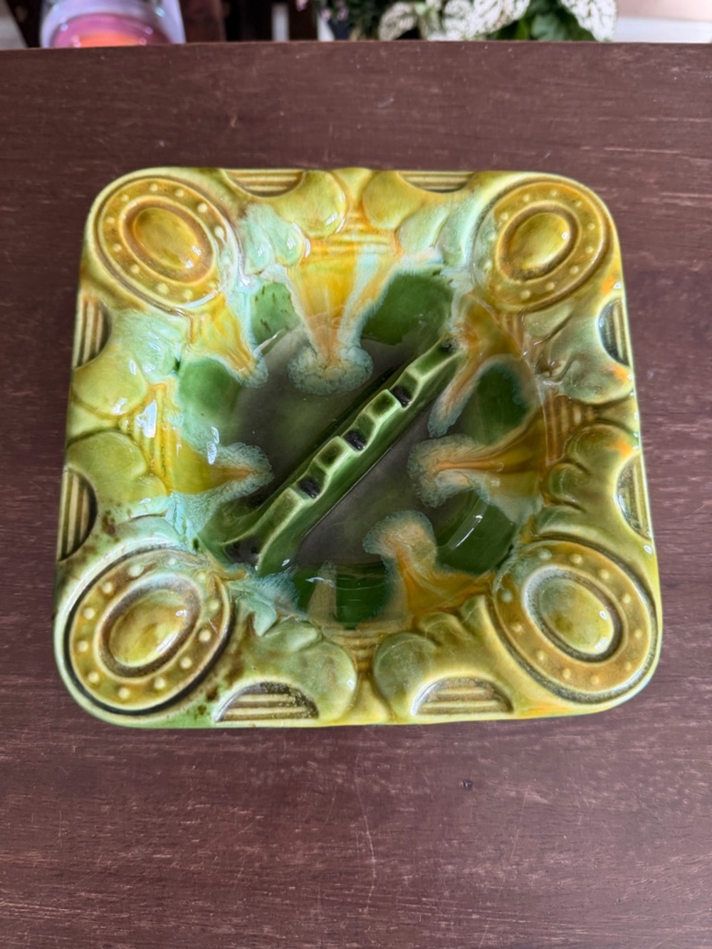 Vintage Haegar Green and Yellow Ceramic Decorative Ashtray - Art Pottery #2043